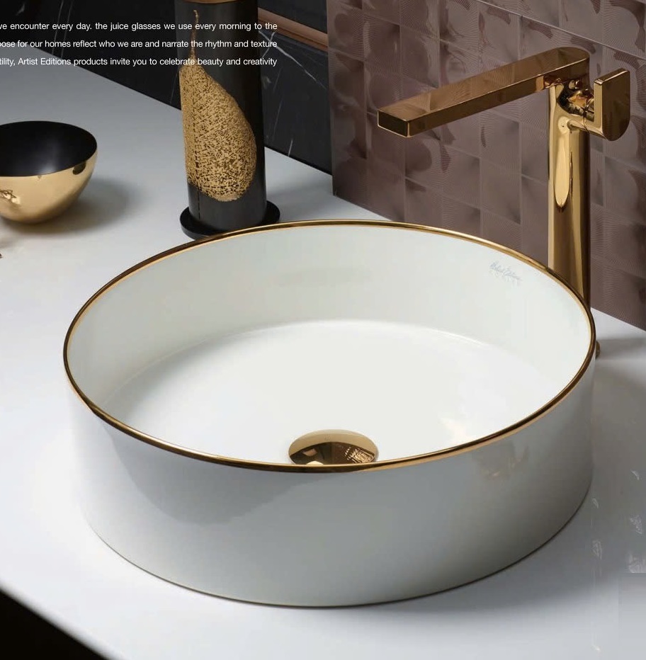 Chậu rửa lavabo đặt bàn tròn thành mỏng viền mạ vàng Kohler Mica K-90012T-0