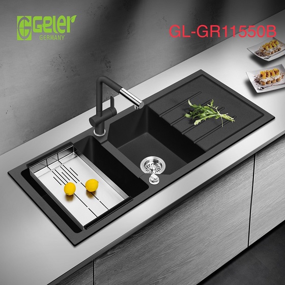 Chậu rửa bát đá 2 hố màu đen Geler GL-GR 11550B