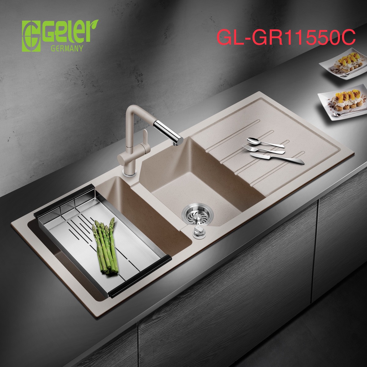 Chậu rửa bát đá 2 hố màu be Geler GL-GR 11550C