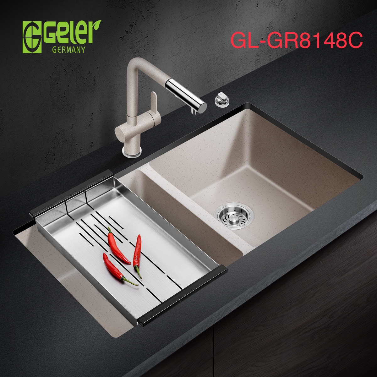 Chậu rửa bát đá 2 hố màu be Geler GL-GR 8148C