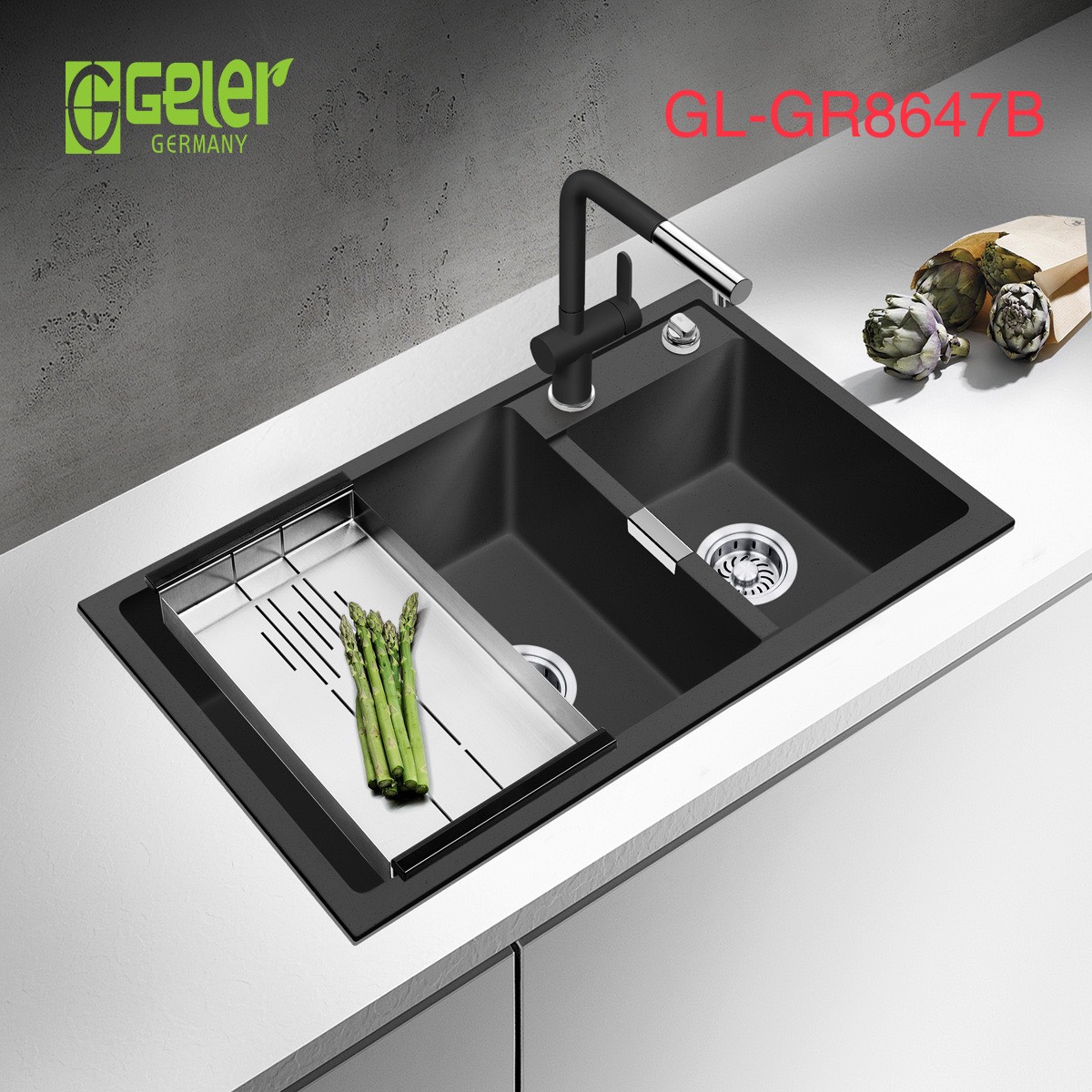 Chậu rChậu rửa bát đá 2 hố lệch màu đen Geler GL-GR 8647B