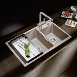 Chậu rửa bát đá 2 hố lệch màu be Geler GL-GR 8647C