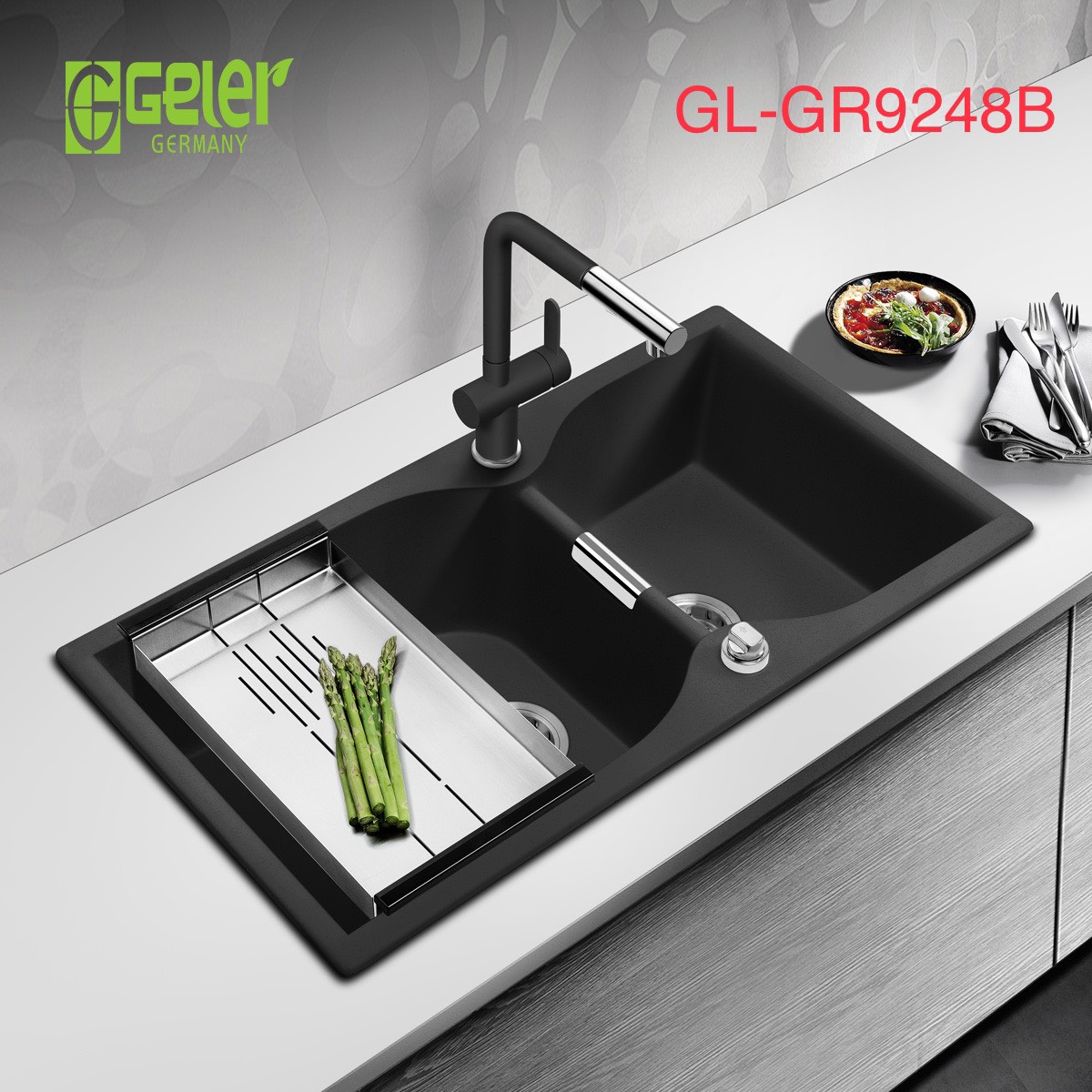 Chậu rửa bát đá 2 hố màu đen Geler GL-GR 9248B