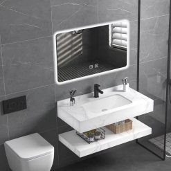 Bộ bàn đá 2 tầng chậu rửa lavabo đá nhân tạo màu vân mây trắng HM-8617W