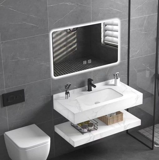 Bộ bàn đá 2 tầng chậu rửa lavabo đá nhân tạo màu vân mây trắng HM-8617W