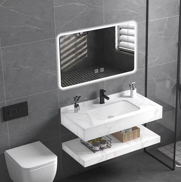 Bộ bàn đá 2 tầng chậu rửa lavabo đá nhân tạo màu vân mây trắng HM-8617W