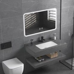 Bộ bàn đá 2 tầng chậu rửa lavabo đá nhân tạo màu ghi vân mây HM-8618GR