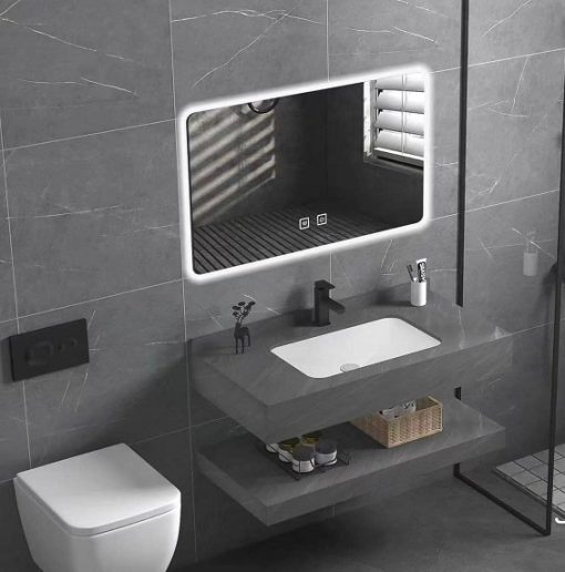 Bộ bàn đá 2 tầng chậu rửa lavabo đá nhân tạo màu ghi vân mây HM-8618GR