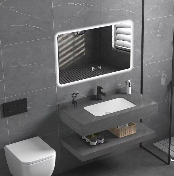 Bộ bàn đá 2 tầng chậu rửa lavabo đá nhân tạo màu ghi vân mây HM-8618GR