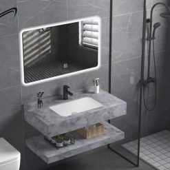 Bộ bàn đá 2 tầng chậu rửa lavabo đá nhân tạo màu ghi vân mây HM-8620GR