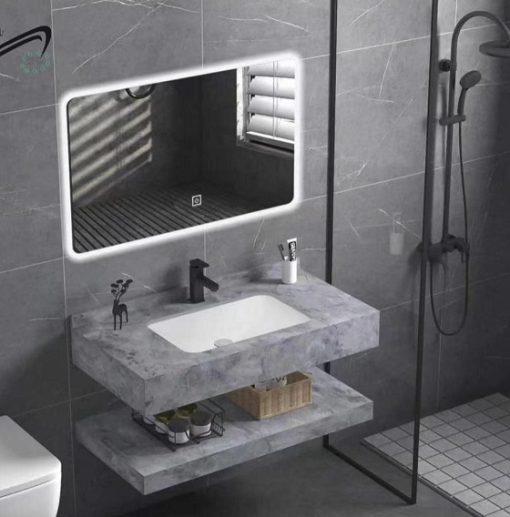Bộ bàn đá 2 tầng chậu rửa lavabo đá nhân tạo màu ghi vân mây HM-8620GR