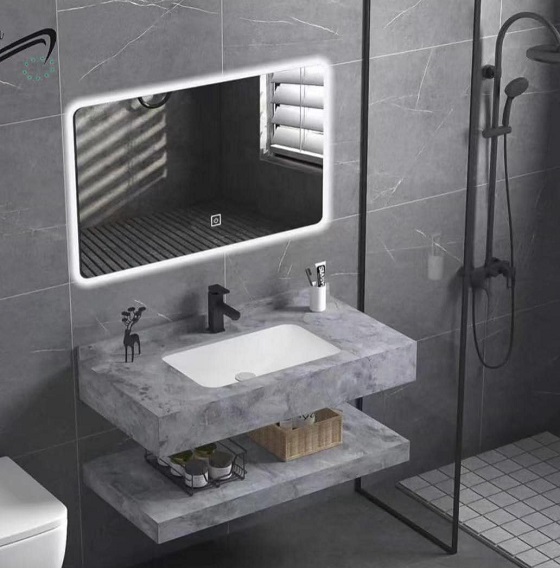 Bộ bàn đá 2 tầng chậu rửa lavabo đá nhân tạo màu ghi vân mây HM-8620GR