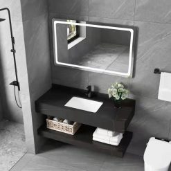 Bộ bàn đá 2 tầng chậu rửa lavabo đá nhân tạo màu đen vân mây HM-8621B