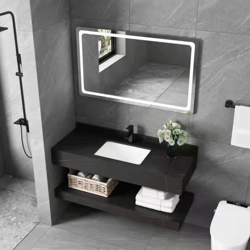 Bộ bàn đá 2 tầng chậu rửa lavabo đá nhân tạo màu đen vân mây HM-8621B