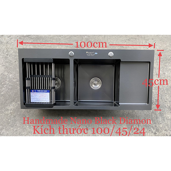 Chậu rửa bát 2 hố 1 bàn Nano Black màu đen Kagol 10045BC