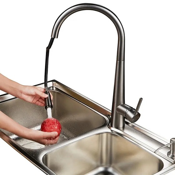 Vòi rửa bát nóng lạnh dây rút màu xám ghi Miken MK-1901GR