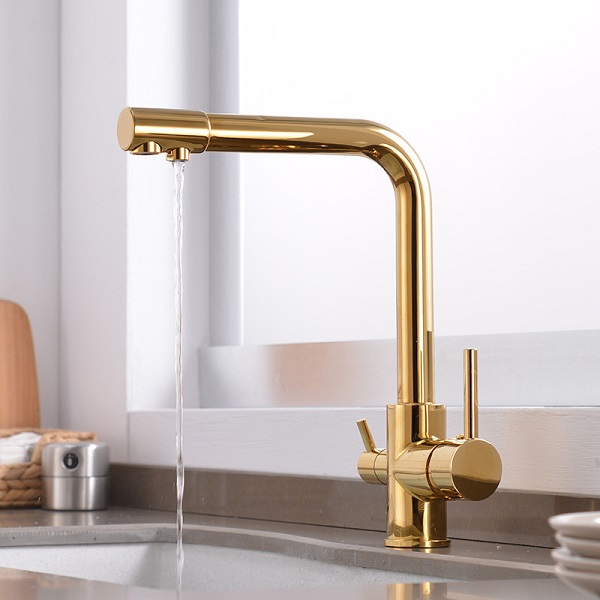 Vòi rửa bát nóng lạnh mạ màu vàng kết hợp vòi RO Miken MK-2027GRO
