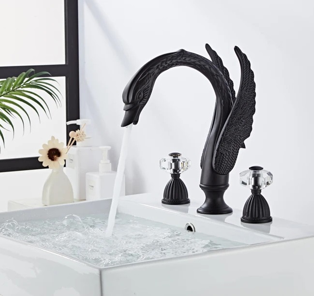 Vòi chậu lavabo vòi bồn tắm 3 lỗ mạ màu đen dáng thiên nga MK-3301B