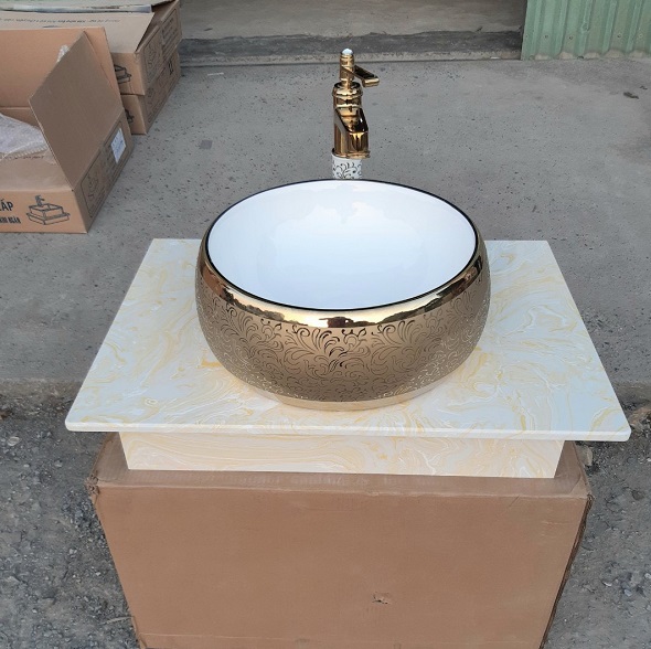 Chậu rửa lavabo nghệ thuật mạ vàng hoa văn Miken MKC-4040G